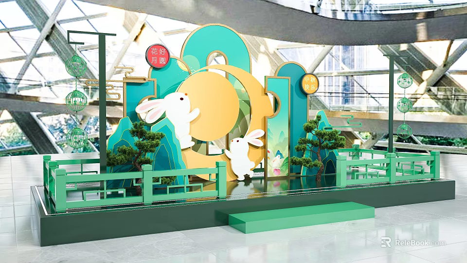 Modern Indoor Stage With Rabbit Decorations Green Orange Circular Elements And Pine Trees 3d model