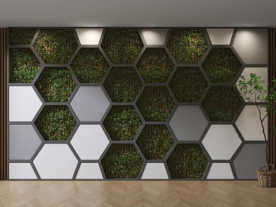 Modern Interior With Wooden Herringbone Floor Tiles And Green Plant Wall 3d model
