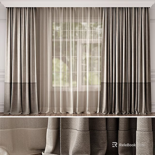 Modern Style Double Layer Curtains With Dark Gray Thick And White Sheer Panels For Window 3d model 
