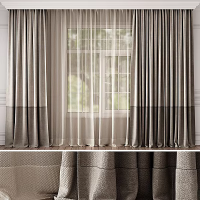 Modern Style Double Layer Curtains With Dark Gray Thick And White Sheer Panels For Window 3d model