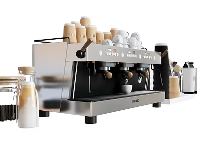 Stainless Steel Coffee Machine Kitchen Appliance With Coffee Cups And Milk Container 3d model
