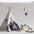 White Tepee Tent Setup with Balloons Stuffed Toys and Rocking Horse in Kids Play Area