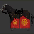 Ornate Black Horse With Decorative Saddle Red And Gold Fringes And Emblems