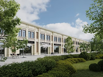 Modern Office Building Exterior With Landscaped Gardens Lawns And Trees Under Blue Sky With Clouds 3d model