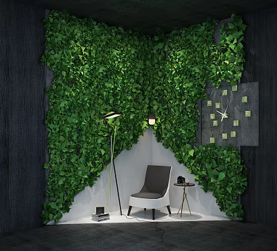 Green Plant Wall Interior Scene With Floor Lamp Chair Side Table And Clock 3d model