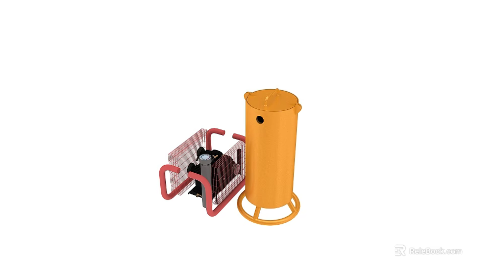 Industrial Equipment Set Featuring Orange Cylindrical Tank And Red Mobile Tool Cart 3d model 