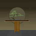 Artistic Bonsai Pine Tree with White Deer Figurine on Black Shelf and Circular Glowing Background