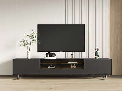 Modern Gray TV Stand With Large Black TV Open Storage Green Plant And Decor Items 3d model