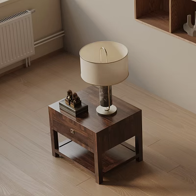 Walnut Wooden Side Table With Drawer Table Lamp And Small Statues On Wooden Floor 3d model