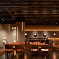Modern Bar Interior With Warm Lighting Wine Shelves And Brown Chairs