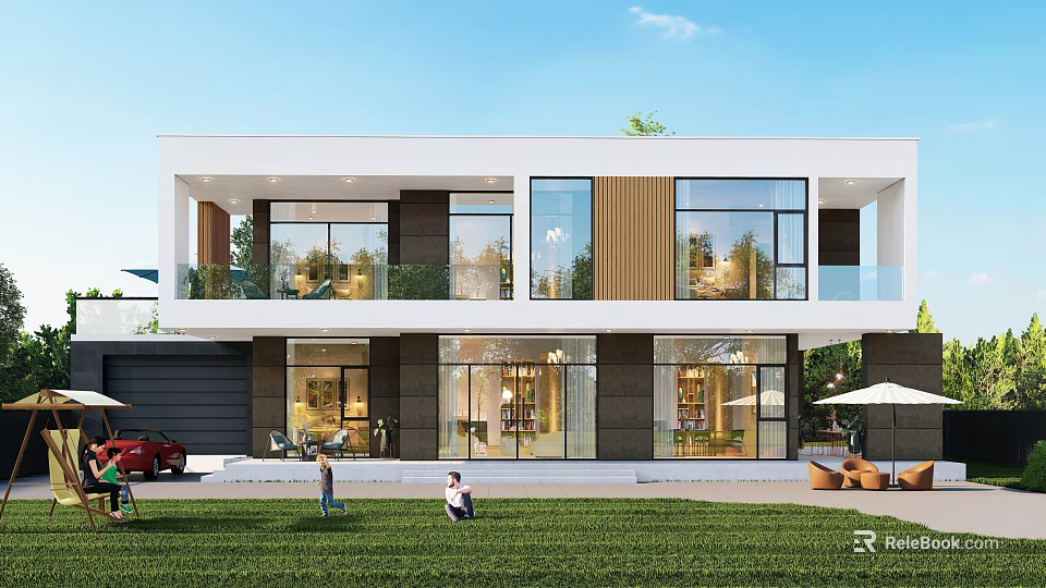 Modern Detached Villa With Large Glass Windows And Outdoor Lawn Area 3d model 