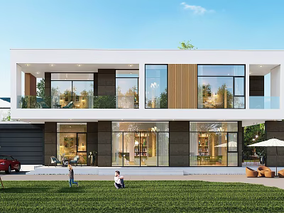 Modern Detached Villa With Large Glass Windows And Outdoor Lawn Area 3d model