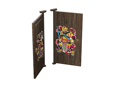 Traditional Chinese Wooden Door Panels With Colorful Door God Paintings And Decorative Elements 3d model