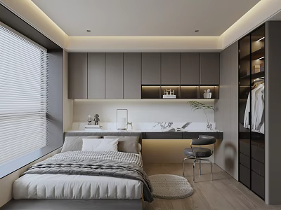 Modern Tatami Bedroom Interior Design With Built In Wardrobe Desk Soft Lighting And Window Blinds 3d model