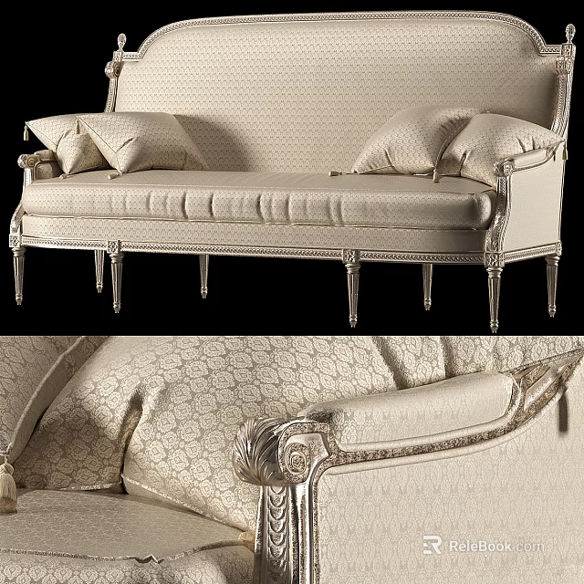 Elegant Classic Large Sofa With Carved Frame Silver Metal Legs And Patterned Upholstery 3d model 