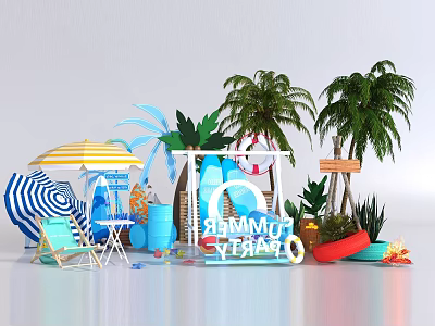 Summer Beach Scene With Palm Trees Striped Umbrella Beach Chair Surfboards Lifebuoy And Vibes Sign 3d model