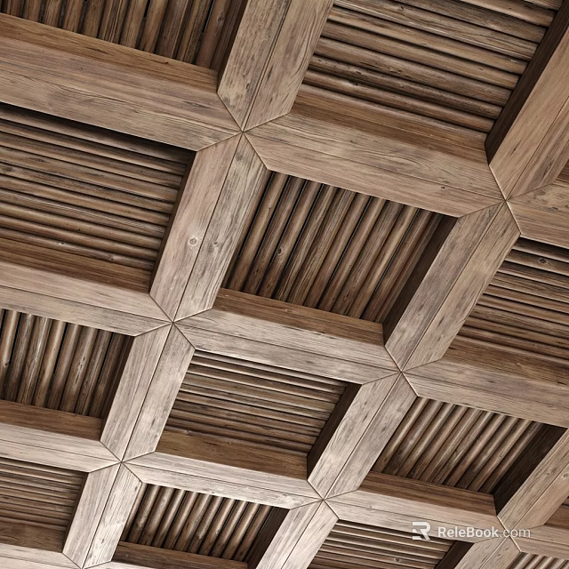 Rustic Wooden Ceiling Design With Geometric Grid And Slatted Panels 3d model 