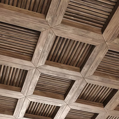 Rustic Wooden Ceiling Design With Geometric Grid And Slatted Panels 3d model