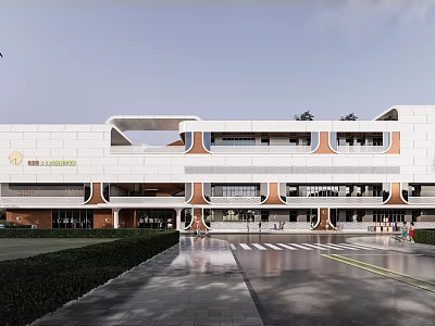 Modern School Building Facade With Large Windows Main Entrance And Surrounding Pathway 3d model