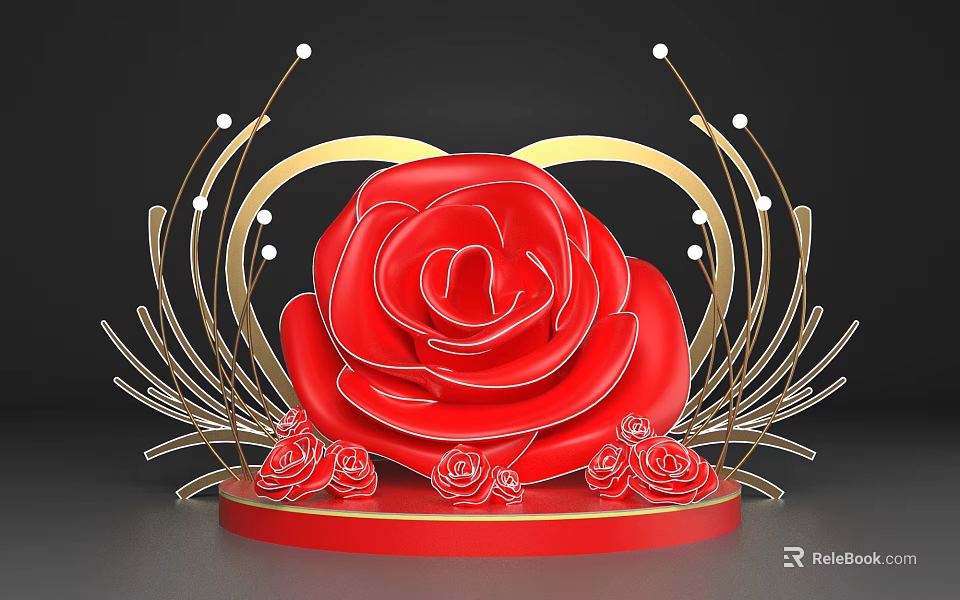 Photo Spot With Big Red Rose Golden Decorations And Small Roses On Red Base 3d model 