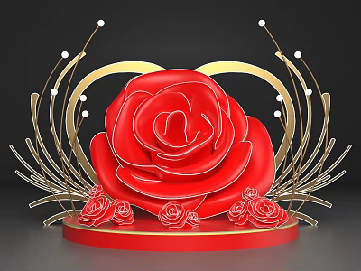Photo Spot With Big Red Rose Golden Decorations And Small Roses On Red Base 3d model