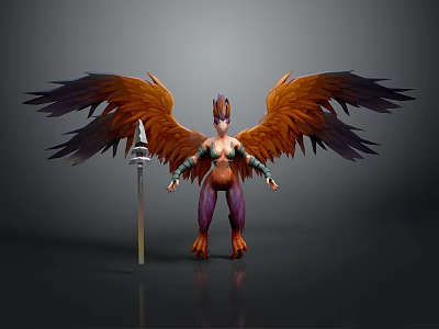 Fantasy Character Creature Design With Orange Purple Feathered Wings And Spear 3d model