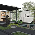 Modern Courtyard Garden Design With Pond Wooden Deck Green Plants Stone Pathway And Landscape Lighting
