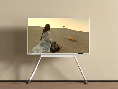 White Frame Television On Tripod Stand Displaying Desert Scene With Figure 3d model