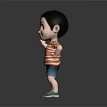 Cartoon Child Wearing Red White Striped Shirt Blue Shorts With Hand On Hip Pointing Up