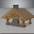 Rustic Wooden Cabin Structure With Crossed Beams Stone Chimney And Tile Roof