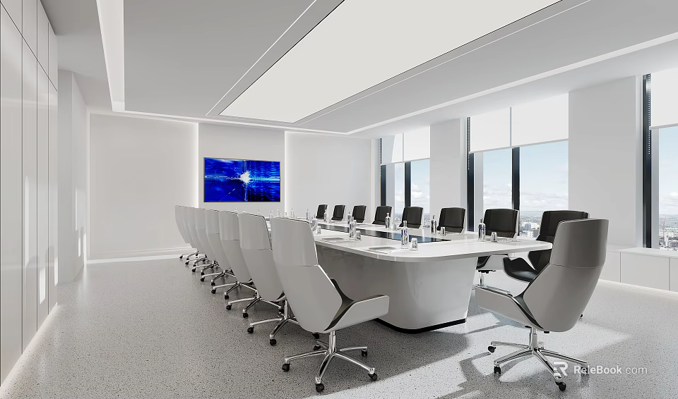 Modern Conference Room Interior With White Table Black White Chairs Large Windows And Wall Screen 3d model 