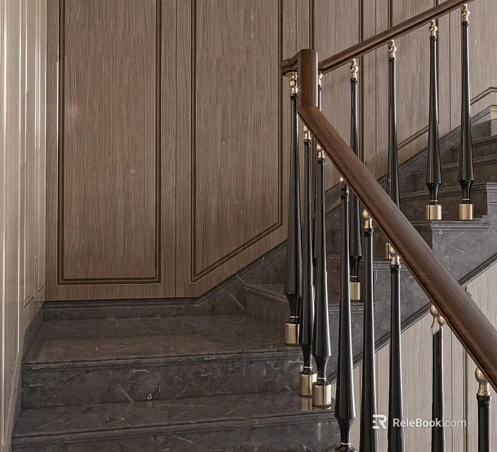Staircase Featuring Dark Marble Steps Wooden Wall Panels Wooden Handrail Black Metal Balusters Gold Accents 3d model 