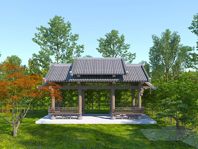 Traditional Chinese Pavilion With Gray Tiled Roof Wooden Benches Green Grass And Surrounding Trees 3d model