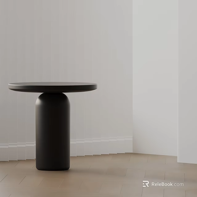 Black Round Top Side Table with Cylindrical Base in Minimalist Modern Room Corner 3d model 