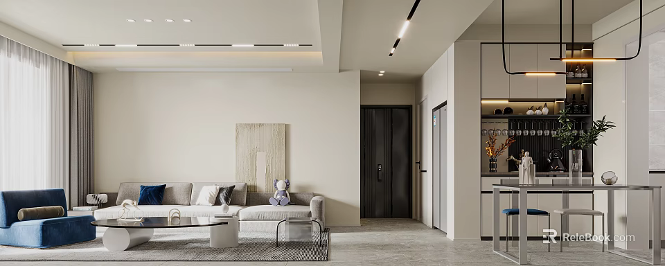 Modern Open Concept Living Dining Room Interior With Sofa Coffee Table Artwork And Ceiling Lighting 3d model