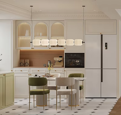 Modern Dining Room Interior With Wooden Table Green Chairs And Pendant Lights 3d model