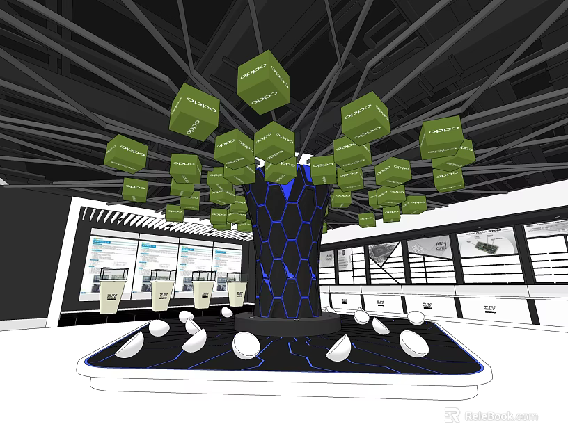 Modern Tech Display Installation With Hanging Green Cubes And Black Hexagonal Structure 3d model 