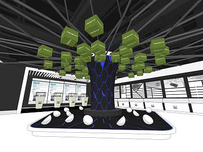 Modern Tech Display Installation With Hanging Green Cubes And Black Hexagonal Structure 3d model