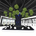 Modern Tech Display Installation With Hanging Green Cubes And Black Hexagonal Structure