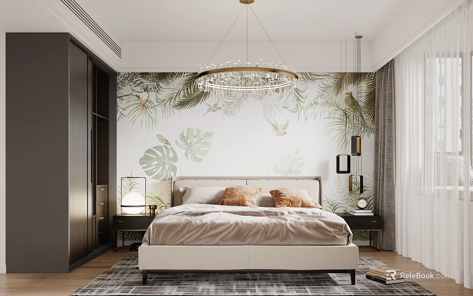 Modern Tropical Bedroom Interior With Leafy Wallpaper Chandelier Bed And Area Rug 3d model 