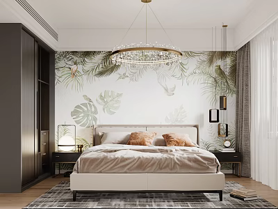 Modern Tropical Bedroom Interior With Leafy Wallpaper Chandelier Bed And Area Rug 3d model