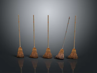 Five Different Household Cleaning Brooms With Wooden Handles And Straw Heads 3d model