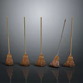 Five Different Household Cleaning Brooms With Wooden Handles And Straw Heads