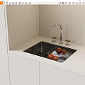 Kitchen Sink with Running Water and Tomatoes on White Cabinet Countertop