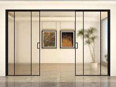Modern Glass Sliding Doors With Black Frames And Wall Artworks In Interior Space 3d model