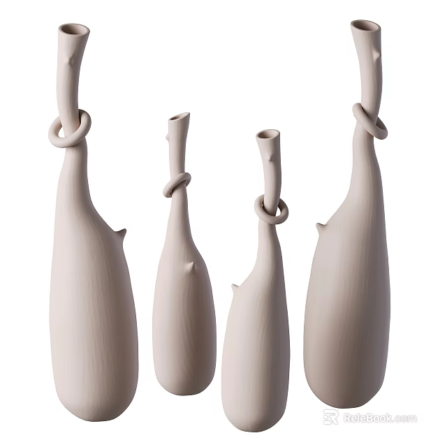 Unique Beige Ceramic Vases With Slim Tall Shape And Knotted Loop Decorative Details 3d model 