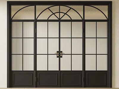 Modern Black Double Doors With Arched Top Glass Panels And Gold Handle 3d model