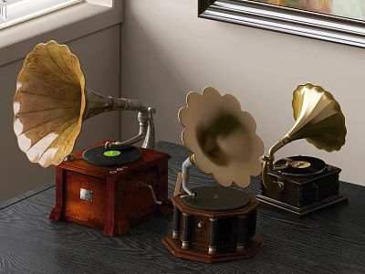 Three Vintage Gramophones with Wooden Bases and Brass Horn Speakers Classic Retro Audio Equipment 3d model