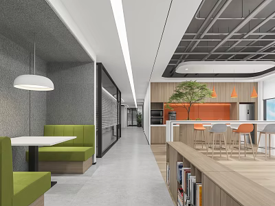 Modern Break Room Interior Design With Green Sofa White Table Bar Counter And Orange Chairs 3d model