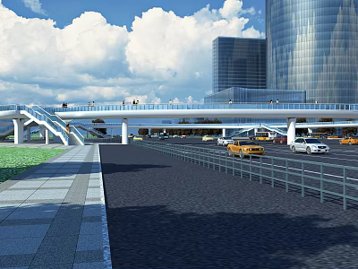 Modern Pedestrian Bridge Over Urban Road With Tall Buildings And Cloudy Sky 3d model